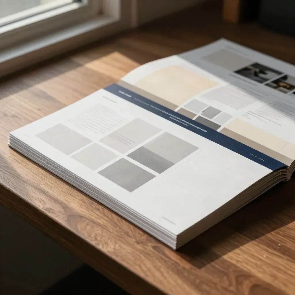 White website mockup cards arranged diagonally on a walnut work surface in warm window light.