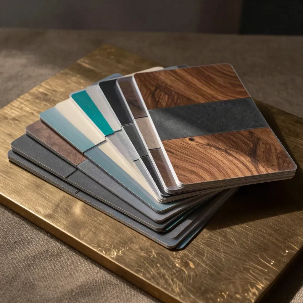 Flat lay of stacked social graphic tiles and translucent sleeves on bronze linen