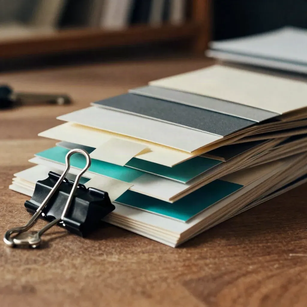 Coated paper chips, tabs, and binder clips on a walnut surface in dramatic light