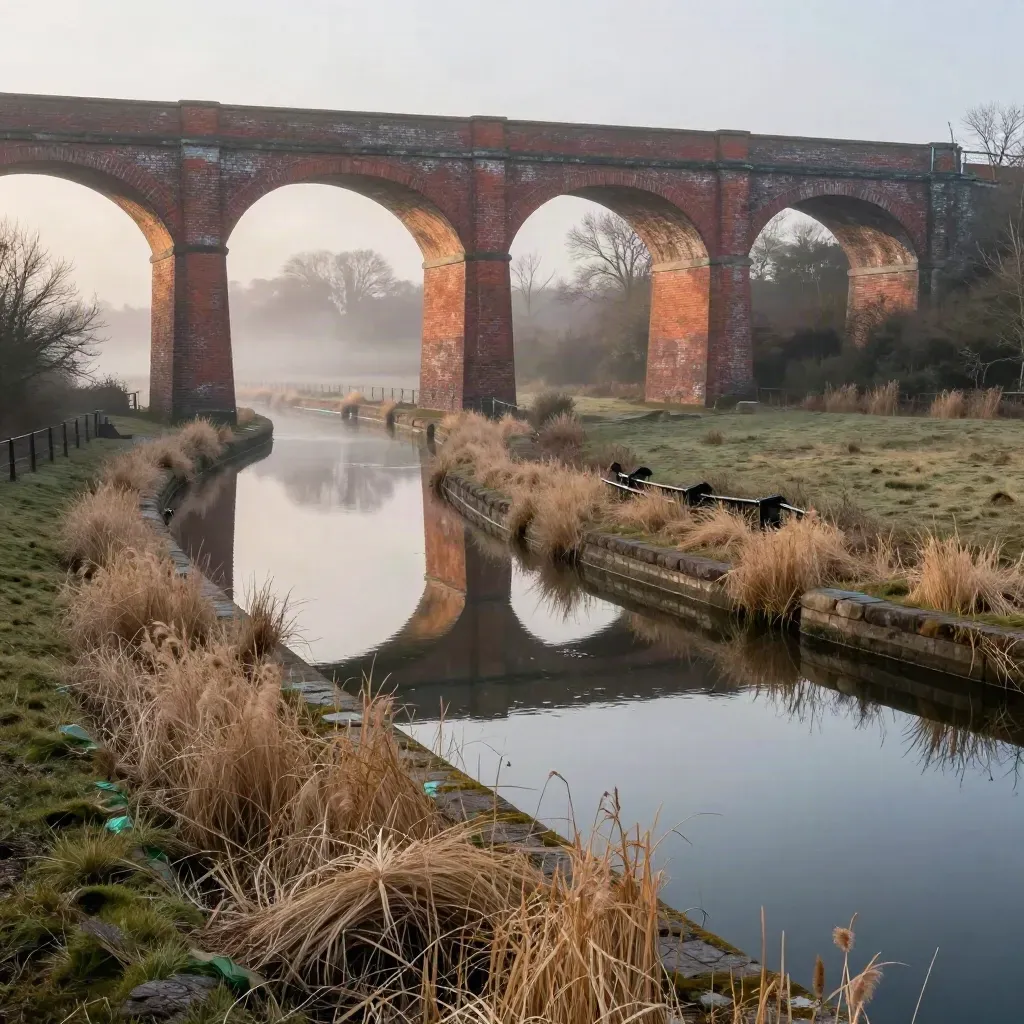 Misty red-brick canal basin and viaduct at sunrise over calm winter water